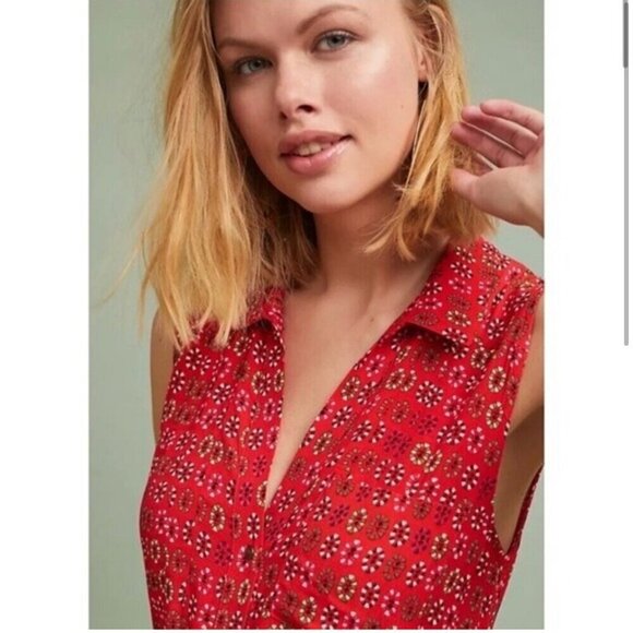 Anthropologie Maeve Vicki Red Sleeveless Button-down Shirt Dress Red Geometric 9 - Picture 3 of 16
